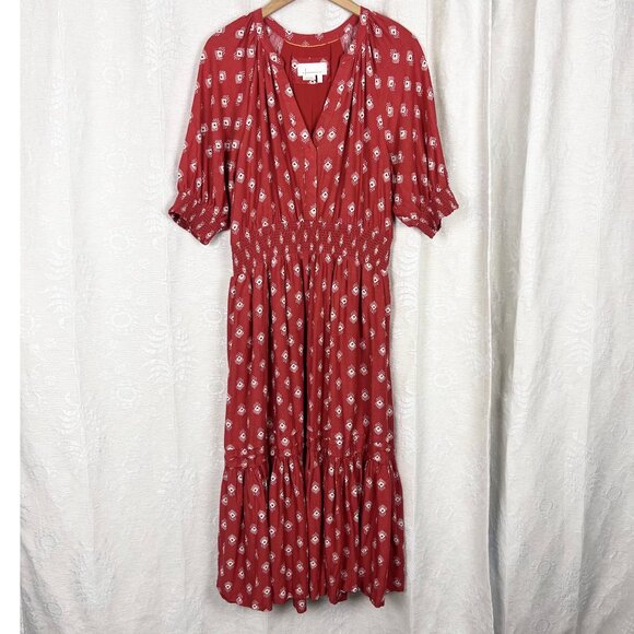 Anthropologie Felipa tiered midi dress red geometric print prairie cottagecore L - Picture 2 of 10